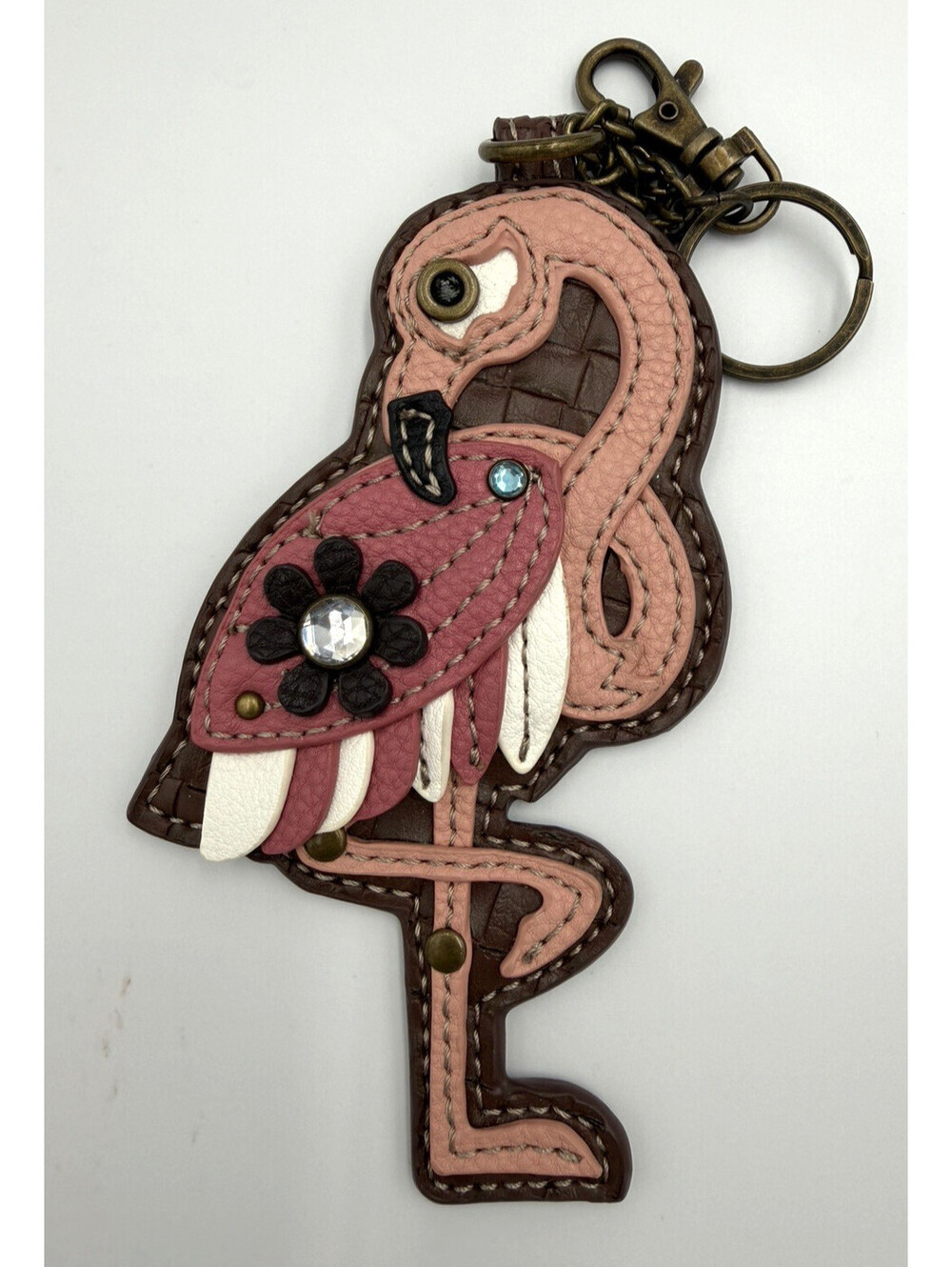 Chala Pal Flamingo Coin Purse Keychain Brown Pink Faux Leather Key Fob Charm